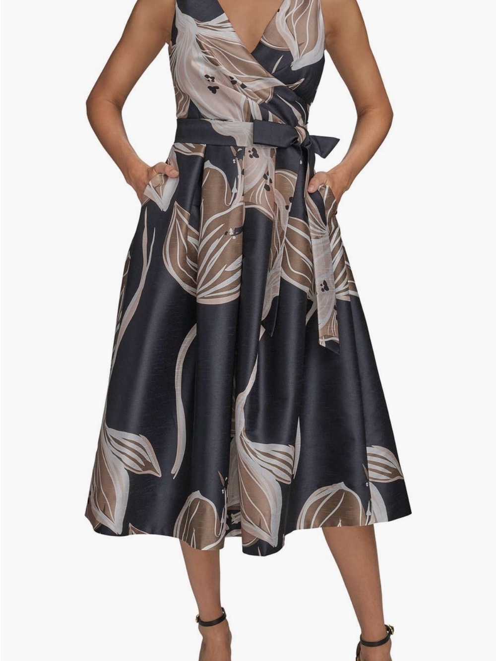 Donna Karan Black Midi Dress with Taupe Floral Print